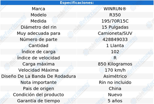 Llanta 195/70r15c 104/102r Winrun R350