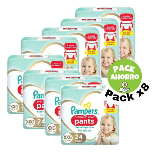 Pañales Pampers Pants Xxg 24 u - Combo X 8 Paq (192 Pañales) Tamaño Extra Extra Grande (xxg)