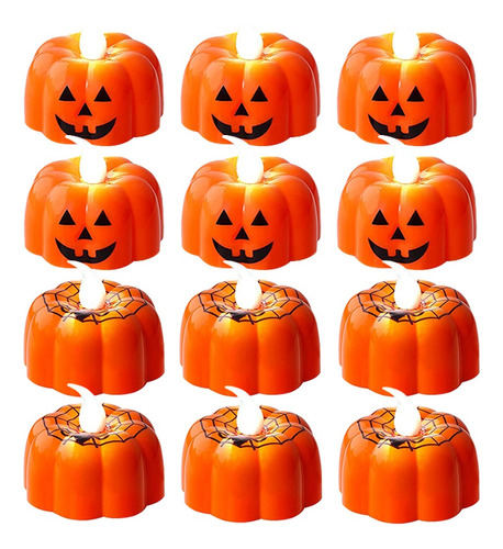 12 Pzas Velas Sin Llama De Calabaza De Halloween Con Batería