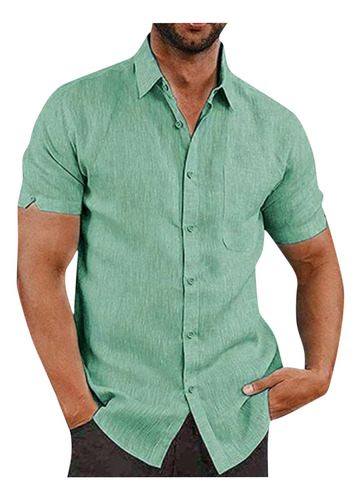 Blusa De Manga Corta Con Botones Y Cuello Vuelto Para Hombre