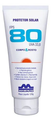 Creme Protetor Solar Corpo e Rosto Profissional Mavaro Fps 80 120g