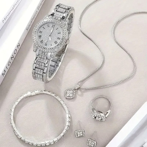 Relógio Feminino Strass Luxuoso Vinkin + Kit Acessórios Stra Correia Prateado