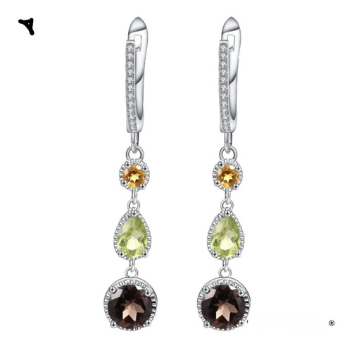 Aretes De Citrino, Cuarzo Ahumado Y Peridoto Naturales Plata