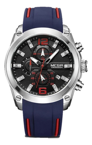 Reloj de pulsera deportivo casual M2063g-2 de Megir con cuerpo plateado, para hombre, fondo, ver imágenes, color azul, color del bisel, ver fotos