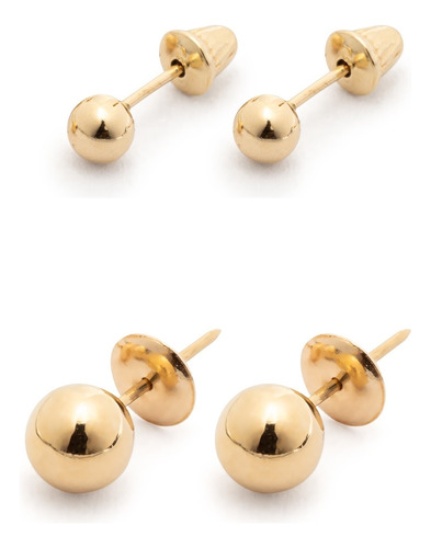 Kit 2 Pares De Brincos Bola 3mm E 6mm Ouro 18k 