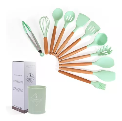 Set X 9 Kit Utensilios De Cocina Mango Madera Punta Silicona