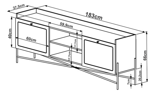 Rack Sala Estar Tv 65 Pol 183cm Industrial Indy Nero Dourado