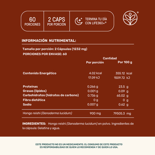 Reishi Mushrooms Life 360+ 120 Cápsulas Con Hongo Reishi