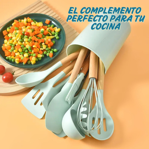 Set Utensilios De Cocina Punta Silicona Mango Madera Kit X12 Negro