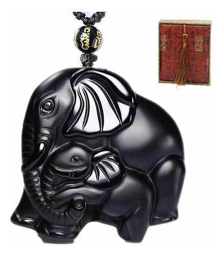 Collar Con Colgante De Amuleto Elefante Obsidiana Natural