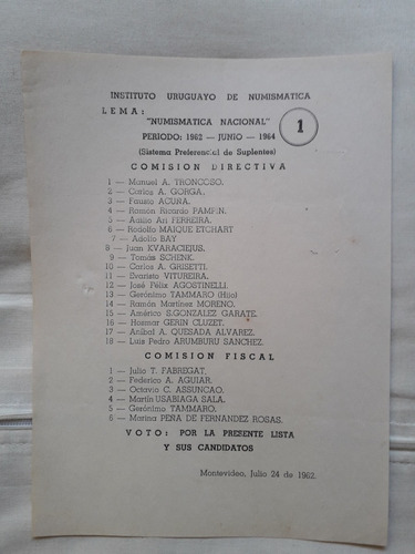 Instituto Uruguayo De Numismática Elecciones 1962 Lista 1