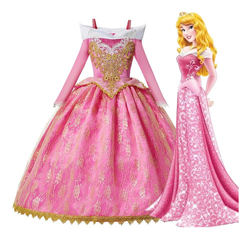 Vestido Aurora De La Bella Durmiente Para Niñas, Manga Larga