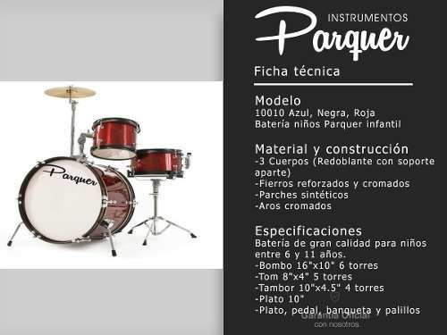 Batería Reforzada Niños Parquer Roja Pedal, Banqueta, Plato