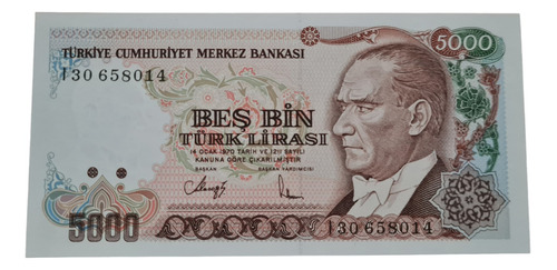 Billetes Mundiales : Turquia  5000 Liras  Año 1990