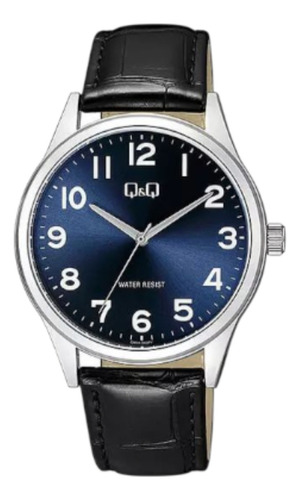 Reloj Q&q Q59a 002py Hombre Cuero Negro Fondo Azul Números