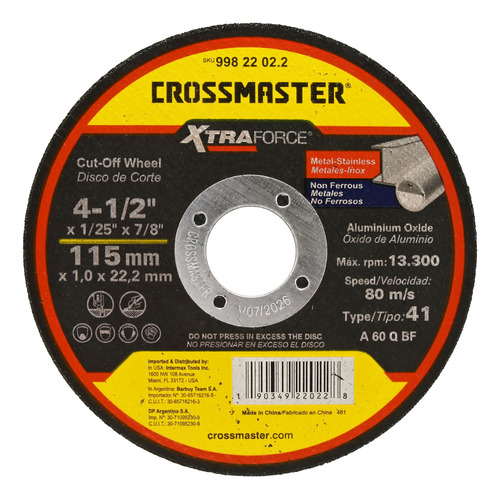 Pack X10 Disco Corte Amoladora 115mm X 1,0mm Crossmaster 