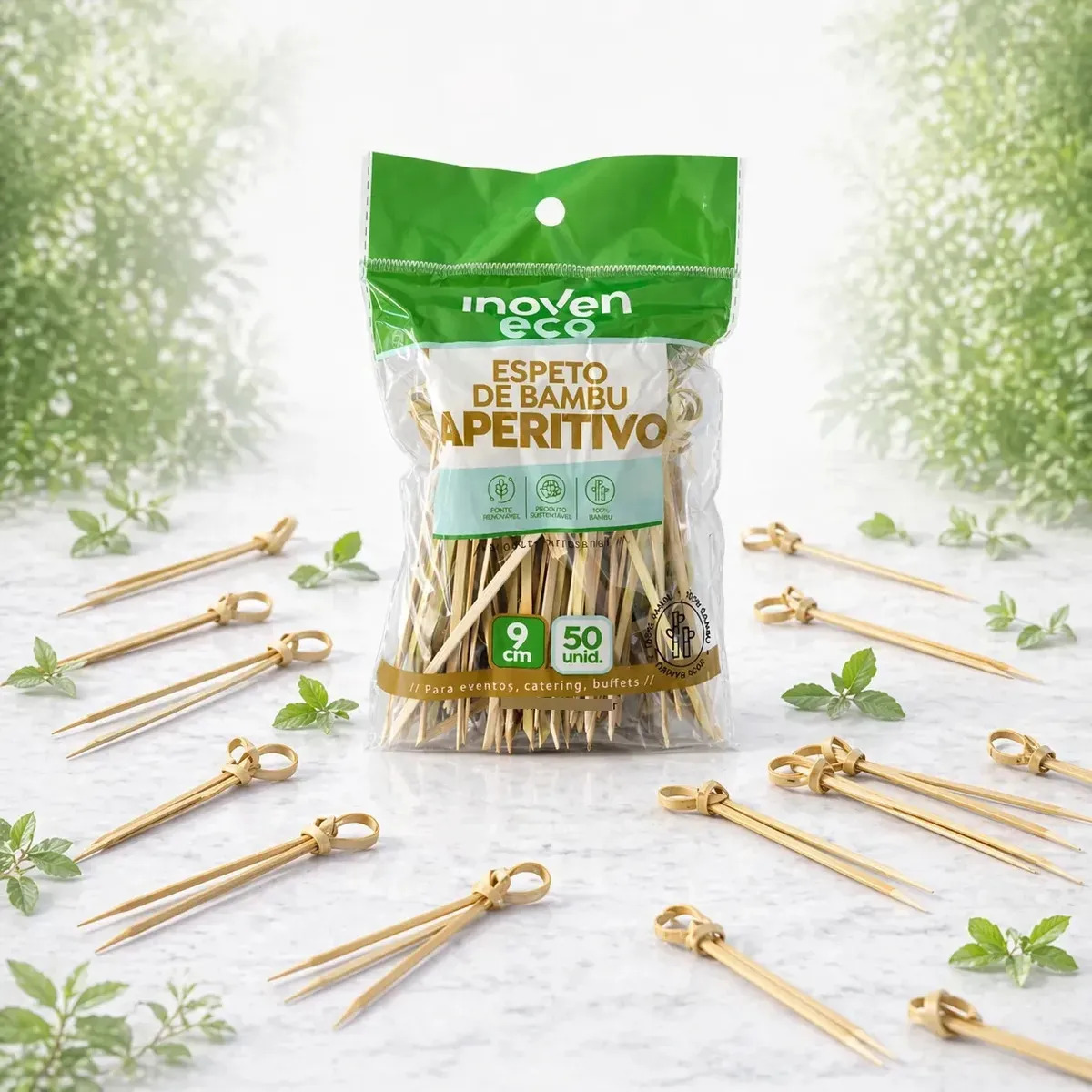 Kit 100 Espetos Petisco 9cm Bambu Nó Decorativo Inoven Madeira Asiática Nó