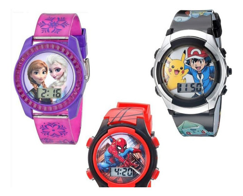 Reloj Lcd De Frozen, Spiderman Y Pokemon Para Niños.
