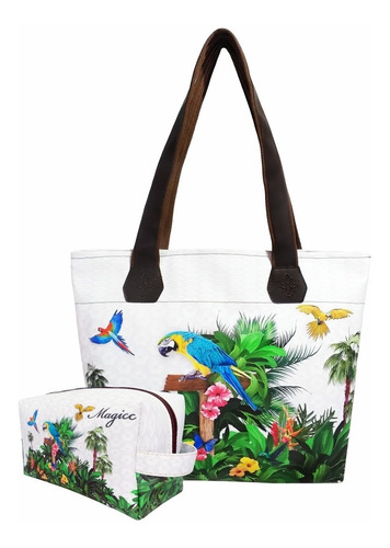 Bolsa Tropical Feminina Com Necessaire Araras Magicc 058 Cor Branco