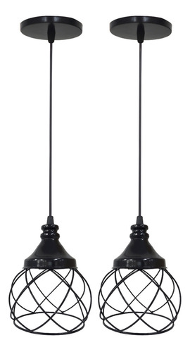 2 Lustre Pendentes Aramado Esfera Balonê Regulável Preto