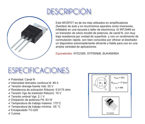 Imagen 3 de 5 de 5 Unidades Irfz44 Power Mosfet Para Industria Taller Irfz44n