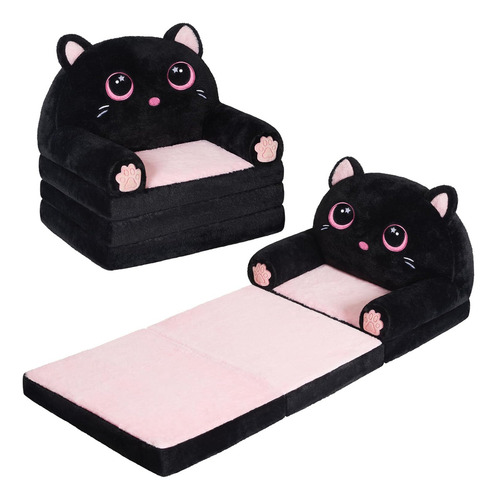 Sofá Plegable Para Niños 2 En 1 Silla Y Sillón De Terciopelo Color Negro Diseño De La Tela Gatito