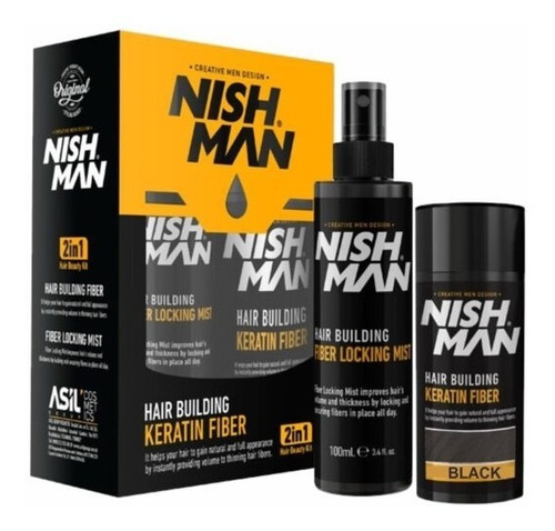 Nish Man Kit Fibra Capilar Color Negro 21g + Fijador 100ml 