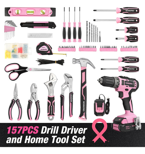 Kit De Ferramentas Workpro Pink Com Furadeira Sem Fio De 20v