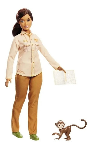 Boneca Barbie National Geo Conservacionista + Pet Macaquinho