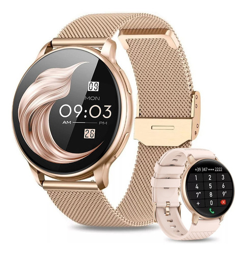 FoxBox- Smartwatch Para Mujer Reloj Inteligente Deportivo BW0608 Android / IOS 1.39" con red móvil caja 1.39manos de  aleación dorada, malla  dorada de  acero inoxidable y bisel  dorado de  alloy