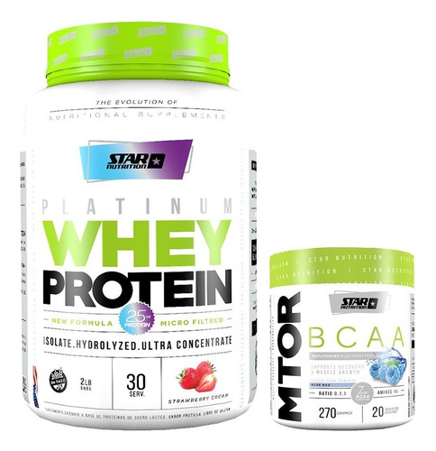 Proteina Whey Star Nutrition 2 Lb + Mtor 270 Gr Sabor Strawberry Cream + Blue Raz