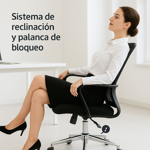Silla De Oficina Bari Ejecutiva Ergonómica Con Respaldo De Malla Transpirable, Altura Ajustable, Base Cromada De 5 Ruedas, Soporte Lumbar Fijo, Color Negro, Soporta Hasta 90 Kg