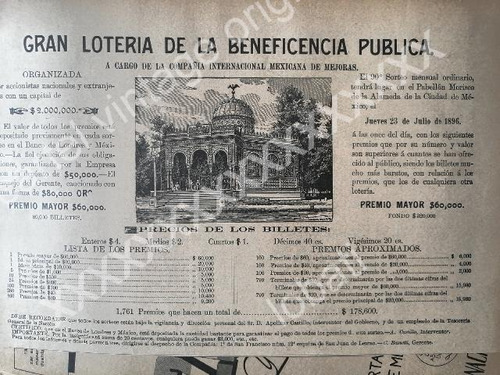 Cartel Loteria Nacional Julio 1896 Y El Kiosco Morisco 148