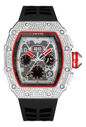 Reloj De Lujo Rojo Con Diamantes Y Carcasa Plateada