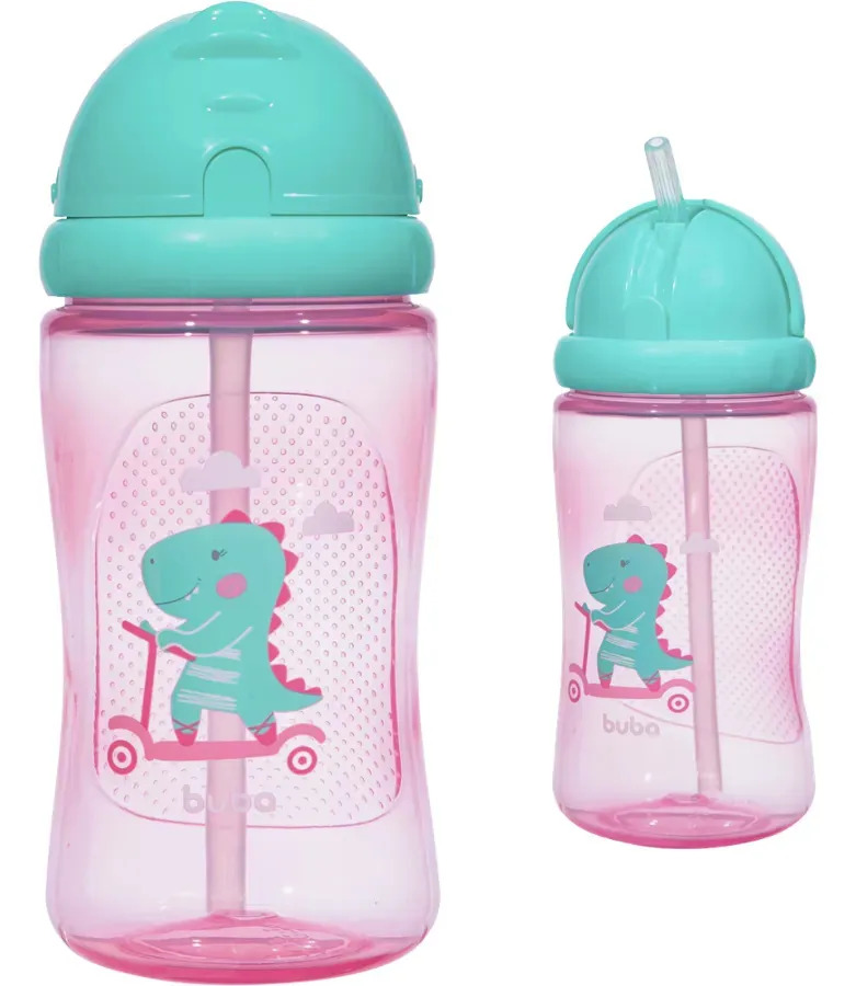 Garrafinha Copo Infantil Com Canudo Dino 400ml Rosa Buba