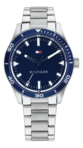 Relógio Tommy Hilfiger para homens em aço prateado 1791817, cor da moldura, azul marinho, cor de fundo, azul marinho - R$ 495