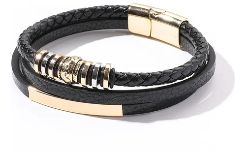 Pulsera Unisex En Cuerina Negra Y Detalle En Dorado