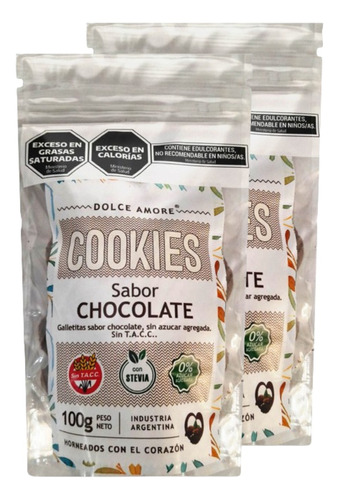 Cookie Galletas Chocolate Sin Azucar Dolce Amore 100g Pack 2