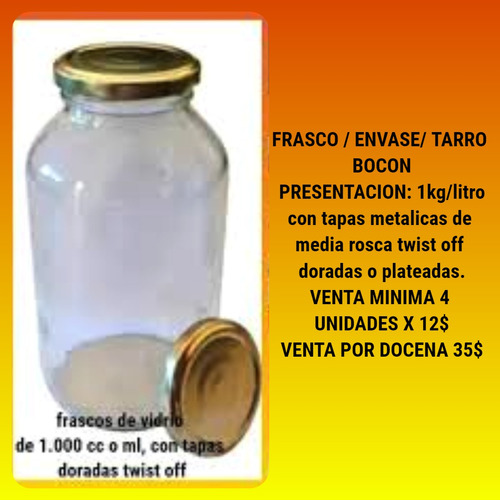 Frasco/envase D Vidrio 1000cc/ml Con Tapa Metálica Dorada