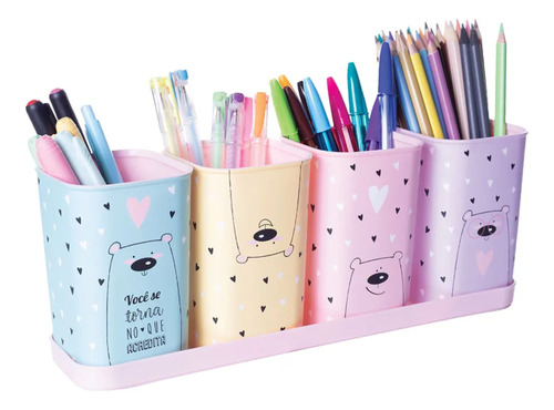 Porta Lápis Caneta Kit Organizador Infantil Criança Rosa