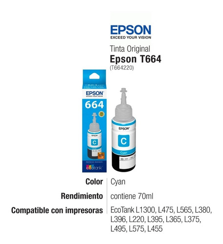 Imagen 2 de 6 de Tinta Epson T664 Cyan T664220 Or. - L475 L495 L220 L395 L365