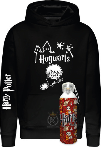 Poleron Harry Potter + Botella En Aluminio 750ml - Edicion  - Hogwarts - Escuela - Magia - Estampaking