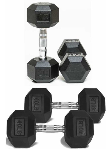 Set 4 Mancuernas Rubber Hex Dumbbell Fitness 2x 20lb 2x 40lb