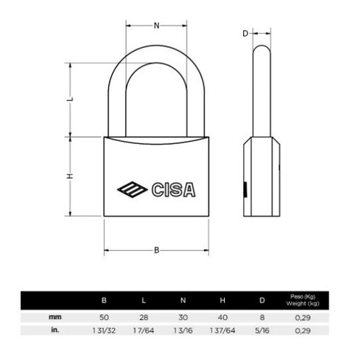 Imagen 9 de 10 de Candado De Arco 50mm Cubierta Abs Con 2 Llaves Cisa Class