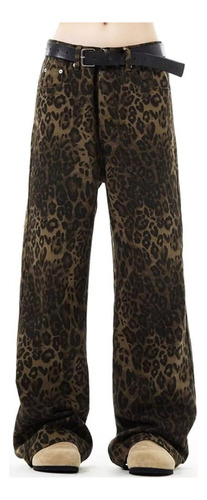 Jeans Con Estampado De Leopardo Pierna Ancha Con Bolsillos