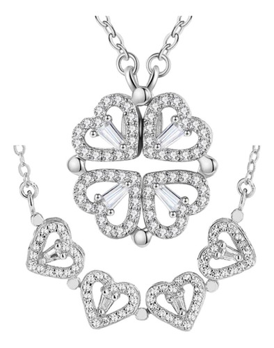 Imagen 1 de 10 de Collar Doble Vista Plata Dije Corazónes Trébol Y Circonias