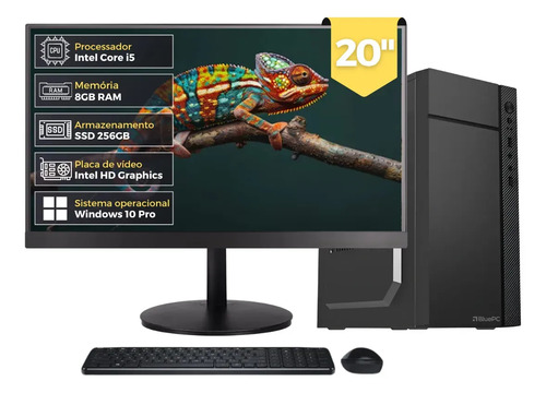 Computador Completo Flash, Intel Core i5 3470, RAM 8GB, SSD 256GB, Bivolt, Preto, Monitor 20" LED HDMI, Windows 10 Pro - BluePC DOE-0140FL