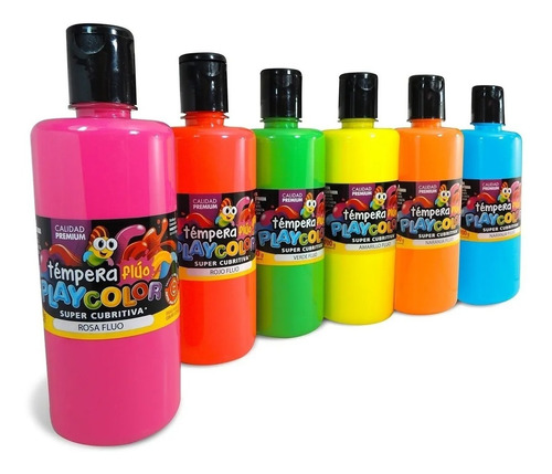 Tempera Playcolor Escolar Colores Fluo Pomo 700 Gr X6