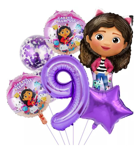 Globos Gabby's Doll House + Número 9 Lila Metalizado