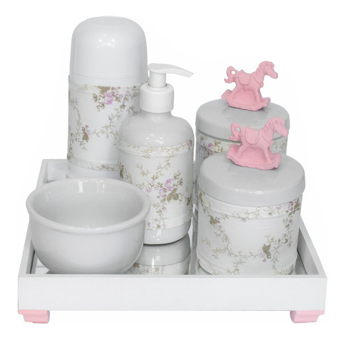 Kit Higiene Bebê Porcelanas Bandeja Completo Flor Liz Rosa Cor Cavalinho